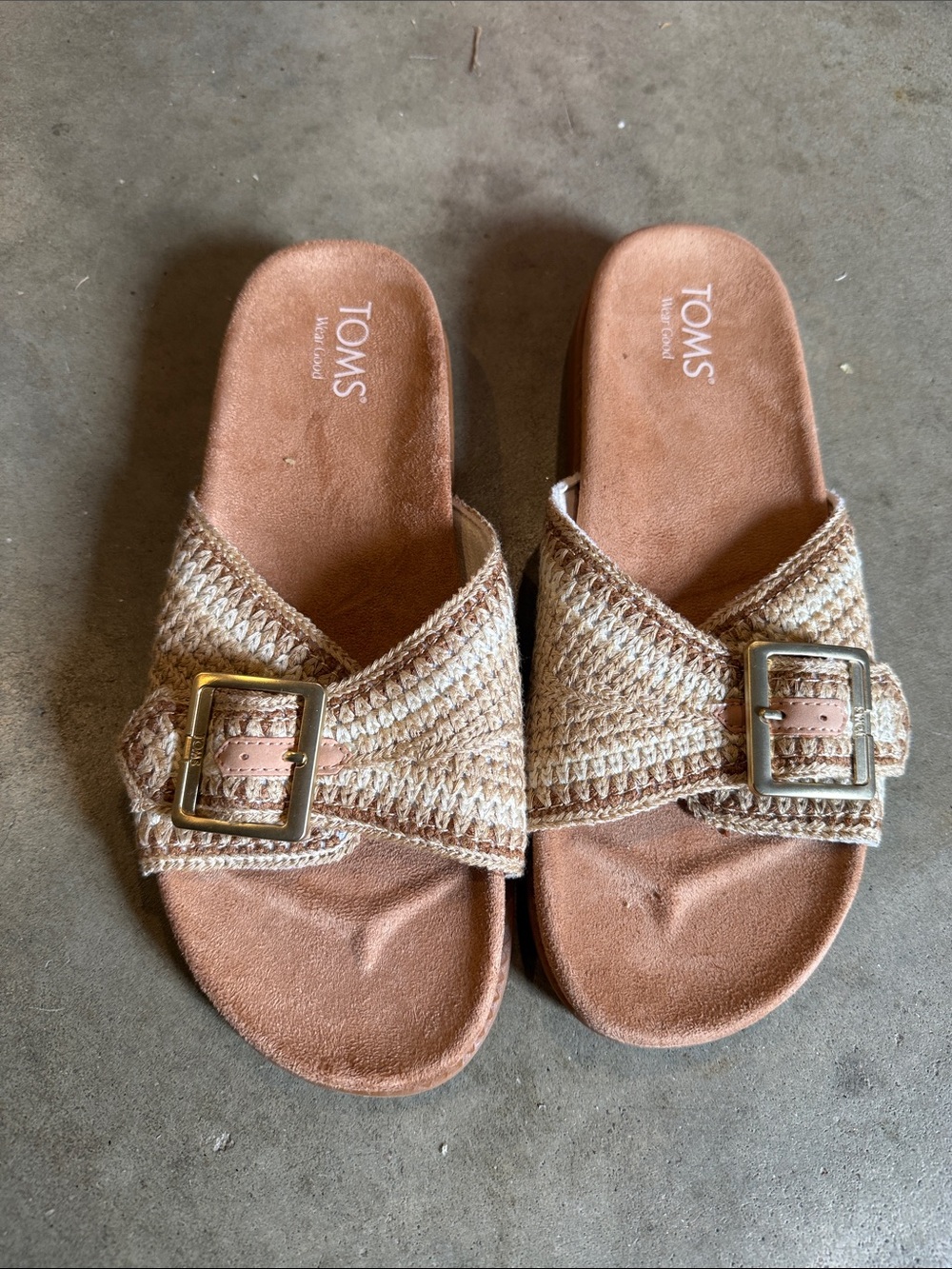 TOMS Tan Crochet Buckle Slide Sandals with Gold Buckles